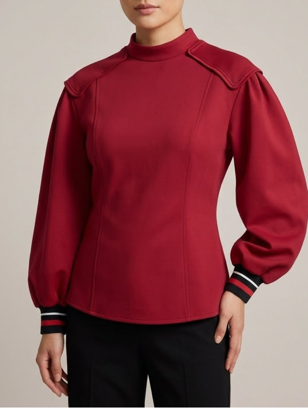 BOVONA red Structured Puff Sleeve Blouse w/ Striped Cuffs